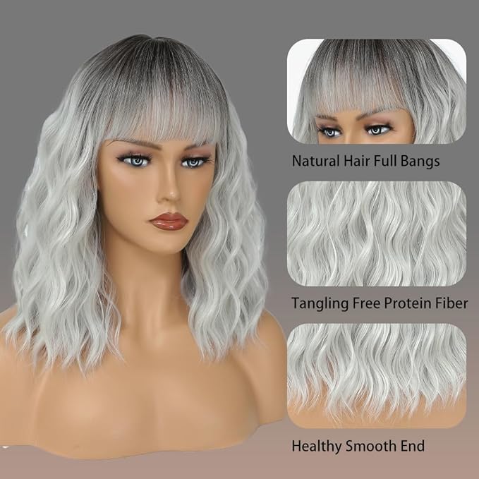 WAVE&BREEZE Short Gray Wigs for Women Sliver Grey Wig with Bangs Dark Roots Ombre Curly Bob Wig Shoulder Length Natural Looking Hair Replacement Wigs for Daily Party Use Cosplay Costume Halloween Wig