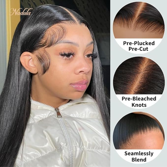 Nadula Pre Everything Glueless Silk Straight Wig 13x4 HD Pre Cut Lace Front Wig Human Hair with Ear Tape Bleached Invisible Bye Bye Knots Wig Pre Plucked 150% Density 22inch
