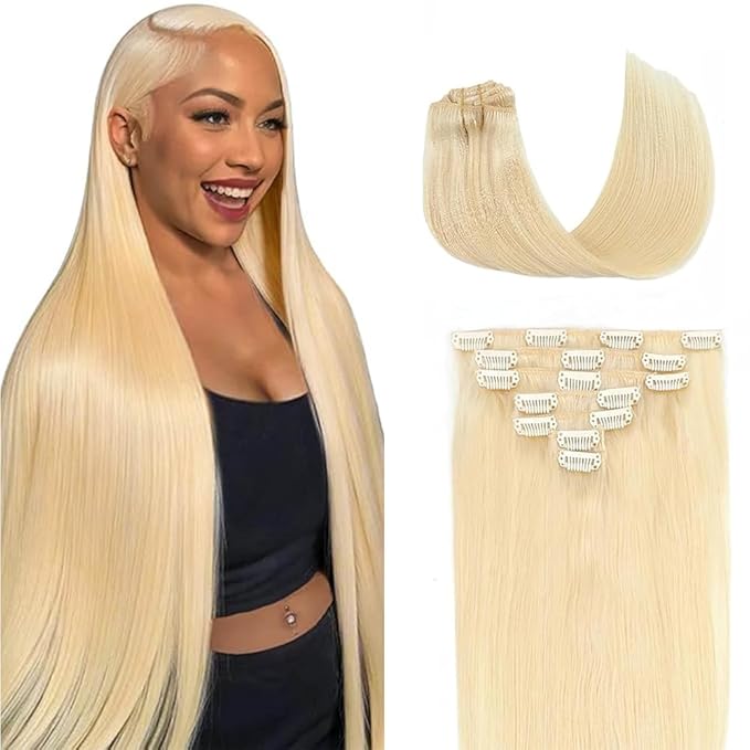 16 Inch #613 Blonde Clip in Hair Extensions - Real Remy Human Hair, 120g 7pcs, Blonde Human Hair Extensions Clip ins for Women