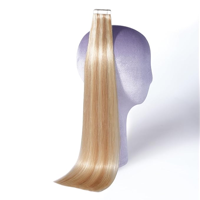 DNE Tape in Hair Extensions Real Human Hair 20 inches 20Pcs/50g/Pack Seamless #27/613 Light Color Straight Invisible Double Sided Tape in Hair Extensions for Women/Girls Can Bleached and Curl