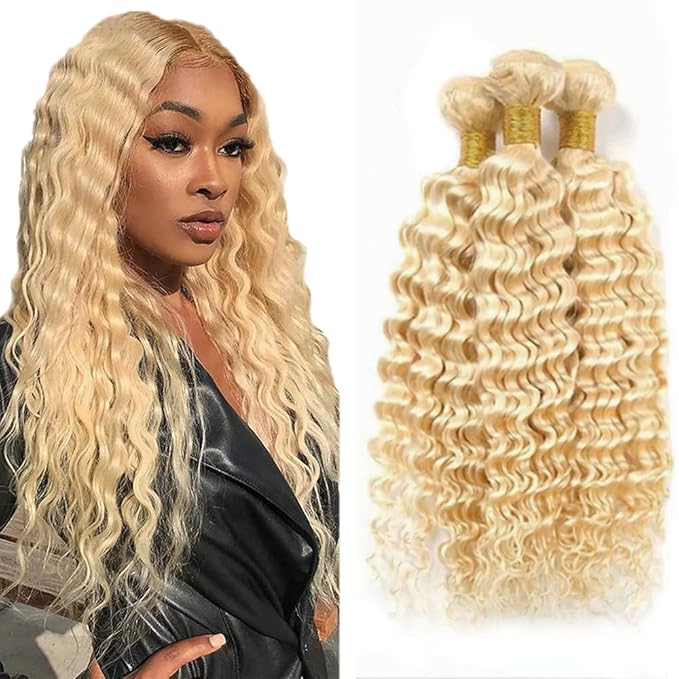 613 Bundle Blonde Deep Wave Bundles Human Hair Unprocessed Virgin Hair 3 Bundles 14 14 14 Inch 613 Deep Wave Bundle Hair Extensions