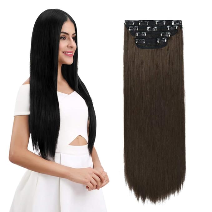 REECHO 24" Straight Long 4 PCS Set Thick Clip in on Hair Extensions Medium Ash Brown