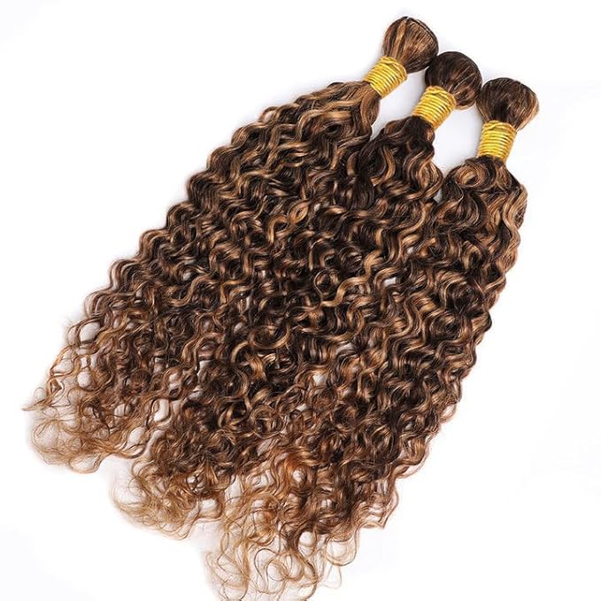 Freiuoke Highlight Human Hair Bundles 22 24 26 Inch Light Brown Water Wave Bundle Color 30 Human Hair Unprocessed Virgin Hair 3 Bundles