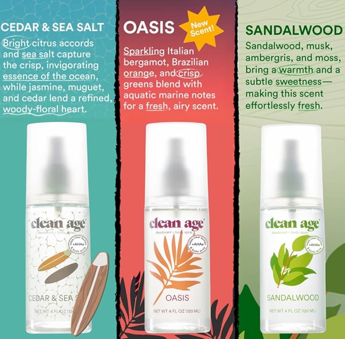 Aluminum Free Deodorant & Body Spray for Whole Body - 3 Pack 4oz ea - Wanderlust Collection (Cedar, Oasis and Sandalwood) - Clean Deodorant and Body Spray for Teen Boys and Girls