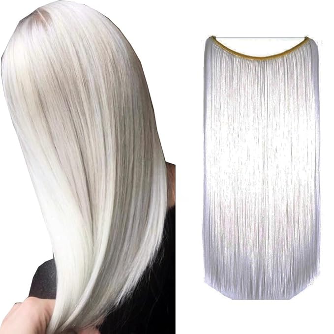 iLUU 22" 80g Snow White Secret String Hair Extensions Long Straight Hidden Line Hair Extension Synthetic Hair Pieces Hair Extension for Beauty Women (very Very White)