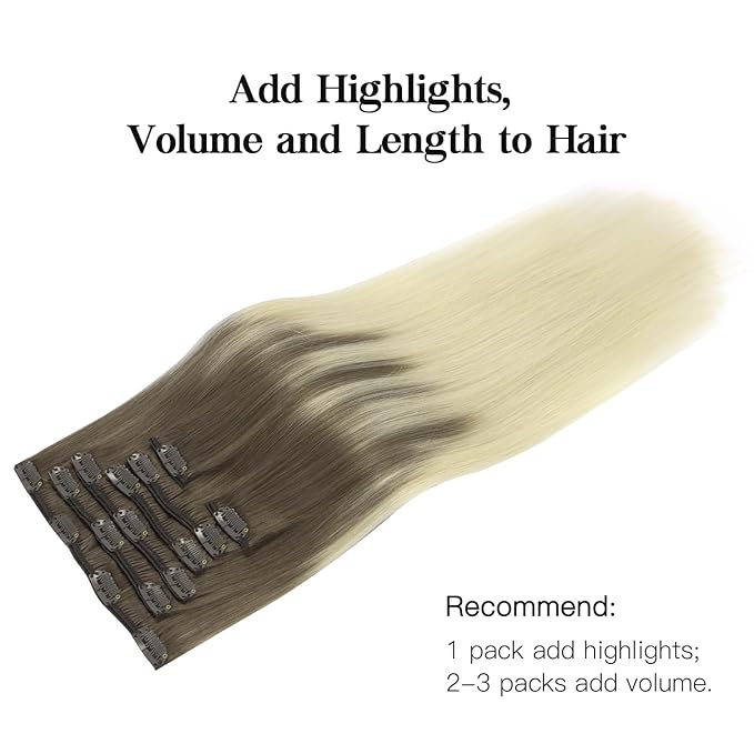 HOTBANANA Human Hair Clip in Hair Extensions, Ombre Sandy Brown to Platinum Blonde 120g Clip in Hair Extensions Real Human Hair Straight Remy Hair Clip in Hair Extensions 20 Inch 7pcs