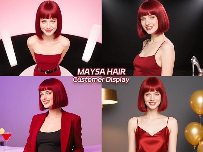 MAYSA Red Bob Wig with Bangs Short Straight Colorful Bob Wigs 12in Synthetic Cosplay Daily Party Neon Wigs for Women # Red