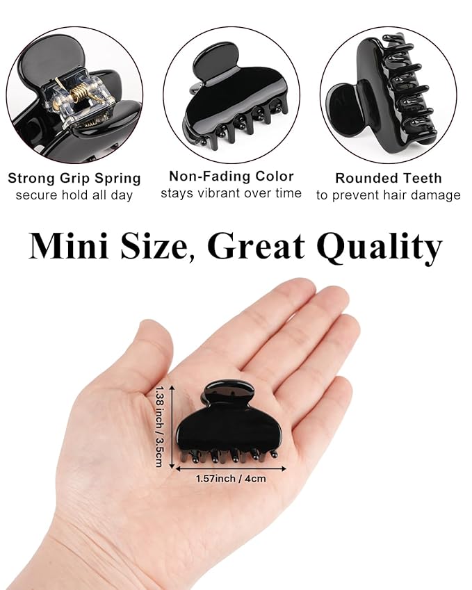 MAORULU 2 Pack Mini Acetate Hair Claw Clips – 1.6 Inch Small Durable Hair Clips for Women & Girls, Strong Hold Mini Jaw Clips for Bangs & Half Up Hairstyles (Black)