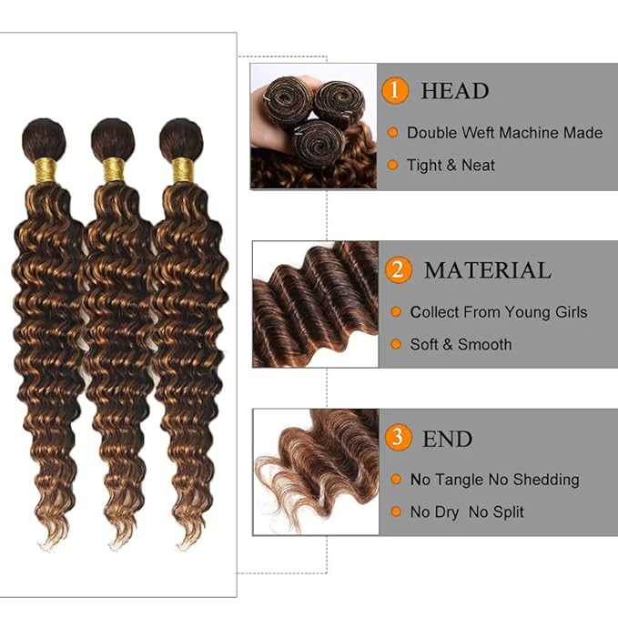 22 24 26 inch Highlight Bundles Human Hair Brown Deep Wave Bundles P430 Human Hair Bundle 2 Tone #4 and #30 Color 150g