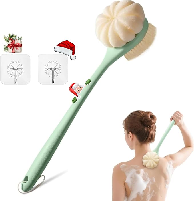 Back Scrubber for Shower, 15.7" Loofah with Handle, Back Shower Brush with Bristles and Loofah, Dry Brushing Body Brush for Cleanse Back and Hard to Reach Areas with Curved Long Handle