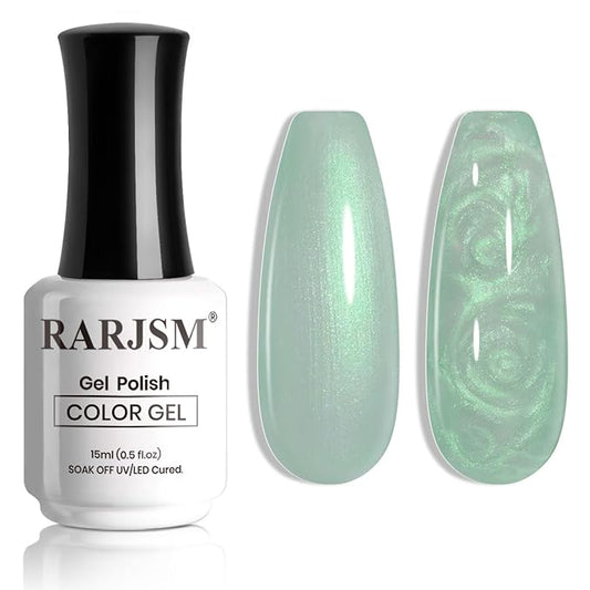 RARJSM Pearl Gel Nail Polish,15ML Light Green Pearlescent Gel Polish,Glitter Shell Gel Polish Green Shimmer Mermaid Nail Gel Polish Soak Off LED UV Drawing Swirl Thread Effect for DIY Manicure Use