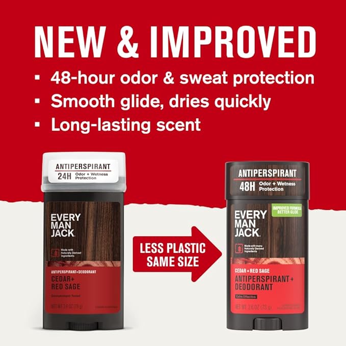 Every Man Jack Men’s Cedar + Red Sage Antiperspirant Deodorant – New & Improved Formula – 48-Hour Odor & Sweat Defense– 2.6 oz (2 Pack)