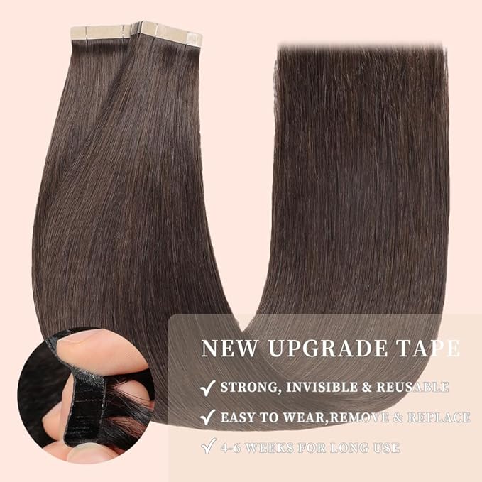 Tape in Hair Extensions Human Hair, 20pcs 16 Inch Darkst Brown Remy Hair Extensions Straight Human Hair Tape in Extensions Skin Weft Tape Extensions Human Hair (2#,16 Inch)