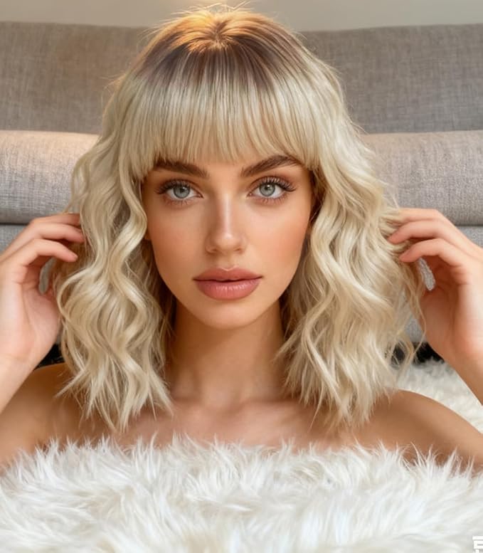 WAVE&BREEZE Short Platinum Blonde Wigs with Bangs 14Inch Wavy Curly Bob Hair Wig for Women Shoulder Length Natural Looking Hair Replacement Wig for Daily Party Cosplay Costume Halloween