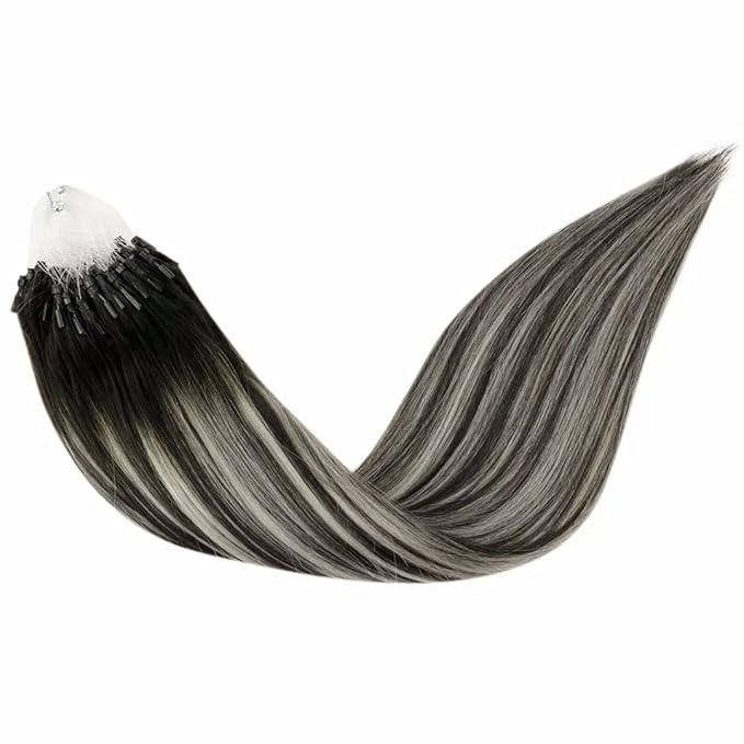 LaaVoo Micro Beads Hair Extensions Ombre Natural Black to Grey Silver Micro Loop Hair Extensions Real Human Hair Balayage Cold Fusion 16 Inch 50g/50s