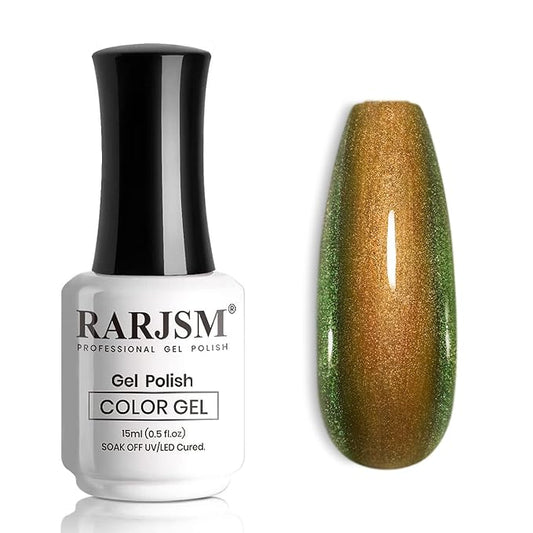 RARJSM Chameleon Chrome Nail Polish Gel Orange Yellow to Green Color Changing Glitter GelPolish 15ML Multichrome Sparkle Shimmer Nail Gel Varnish Soak Off Curing Requires DIY at Home Salon 15ml