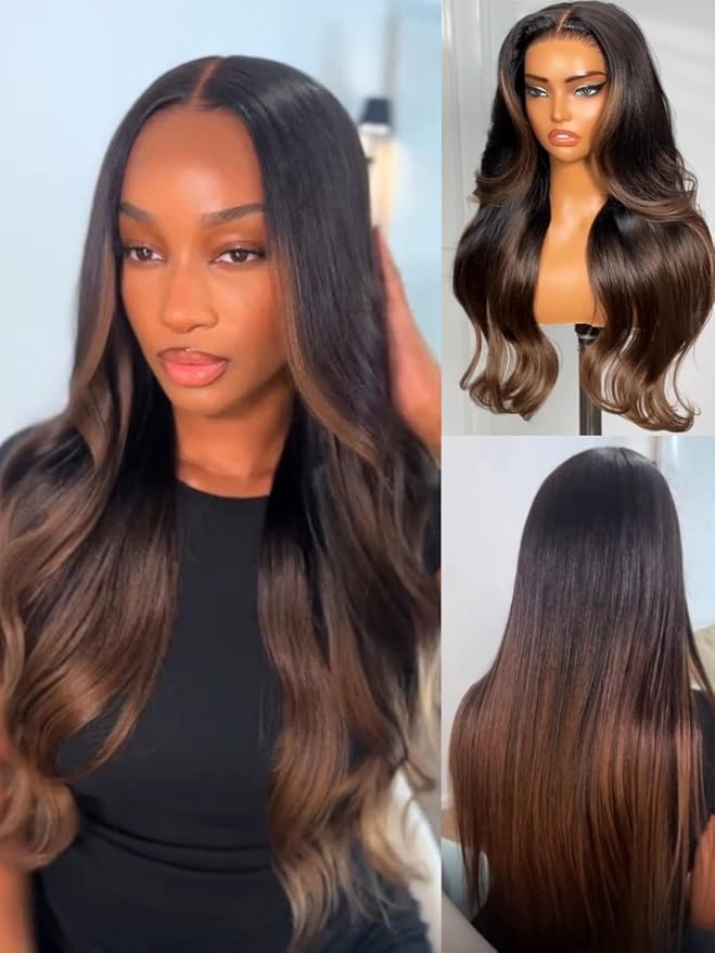 Sunber Yaki Straight Ombre Chestnut Human Hair Wigs with Drawstring Upgrade 3D Cap Put and Go Bye Bye Knots Pre Cut 7x5 HD Lace Front Glueless Yaki Wigs Pre Plucked Invisible Knots 3S Wear 16Inch