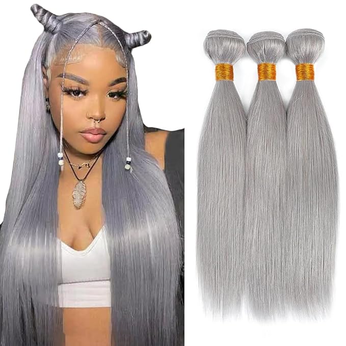 28 30 32 Inch Freiuoke Silver Human Hair Bundles Grey Straight Bundle Gray Hair Weave 3 Bundles Gray Color Long Hair Extensions