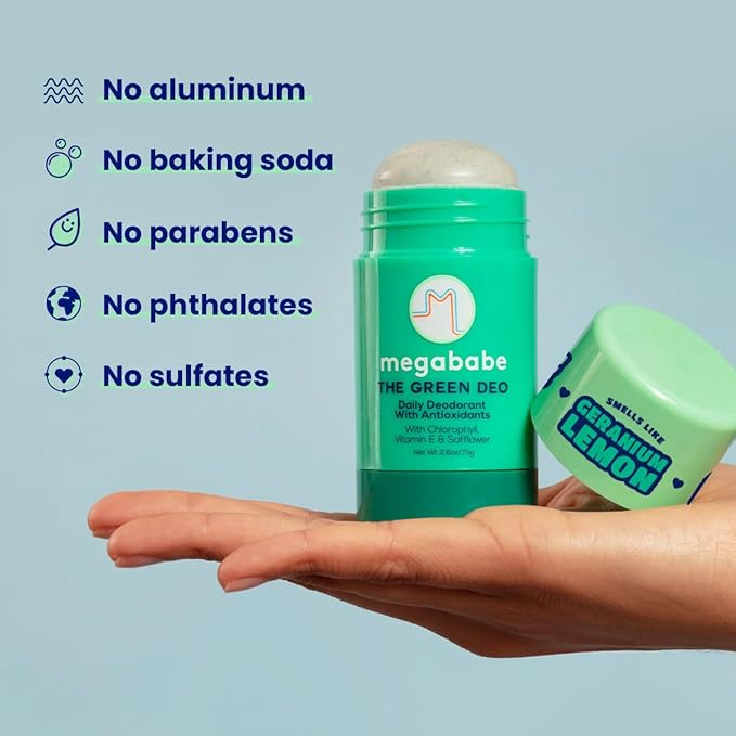 Megababe Daily Deodorant - The Green Deo with Vitamin E & Safflower | Aluminum-Free, Solid, All Natural | Geranium & Lemon | Free from Parabens, Sulfates & Phthalates | 2.6 oz