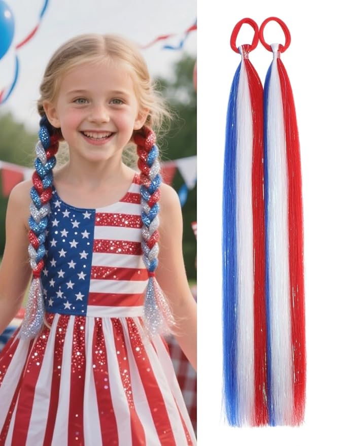 Colored Hair Extensions Red White Blue Ponytail Extension Colorful 2 Packs, 20 inch Crazy Hair Day Accessories for Women, DIY Festival Wacky Rave Braids,Tinsel Mixed