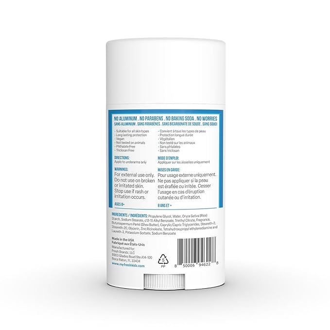 Fresh Kidz Deodorant Stick for Kids and Teens - Baking Soda and Aluminum-free 24 Hour Protection for Sensitive Skin - Boys "Blue", 2.65 oz / 75 g