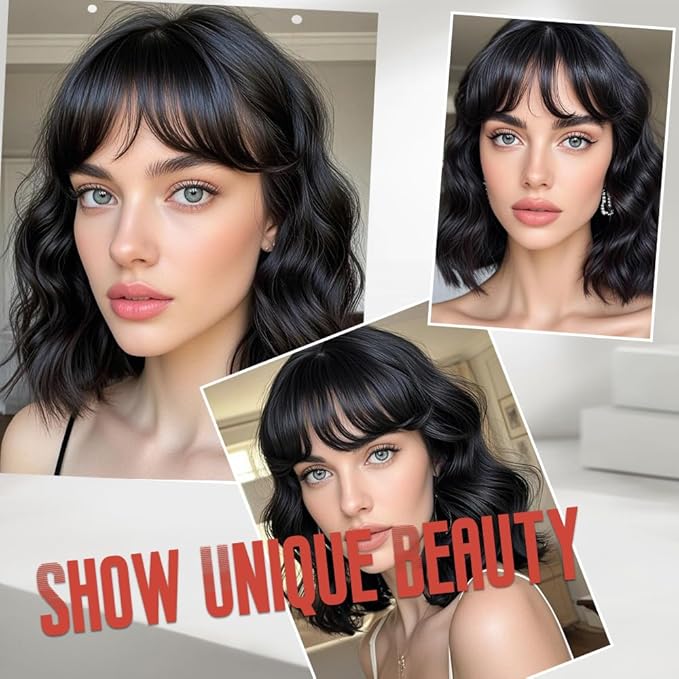 WAVE&BREEZE Black Wig with Bangs Short Wavy Bob Wigs for Women Natural Looking Synthetic Hair 14 Inch Shoulder Length Daily Wigs for Cosplay Party Use