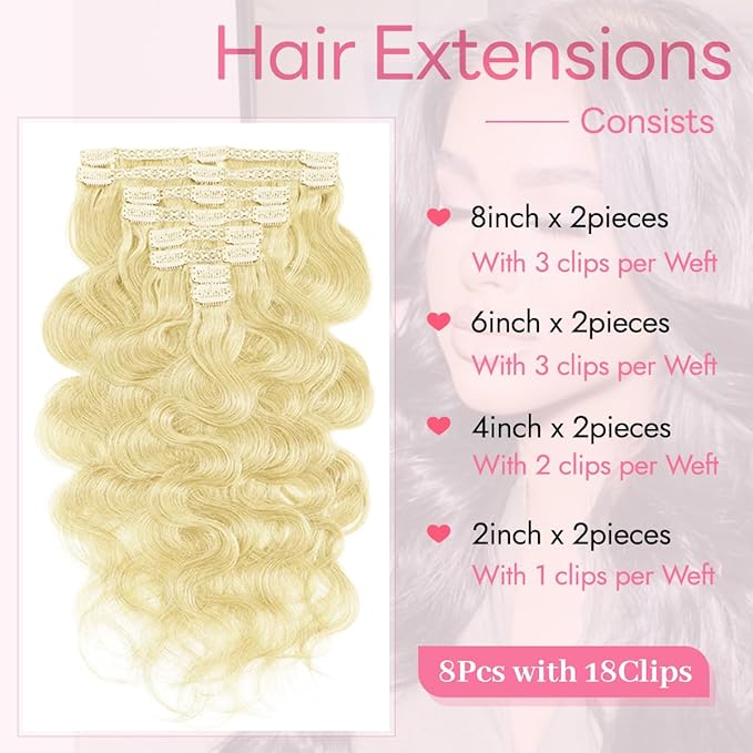 Clip in Hair Extensions Real Human Hair Body Wave 613 Bleach Blonde Clip in 100% Brazilian Remy Human Hair Extensions 8pcs Per Set with 18 Clips Double Weft 24 Inch 120g/3.6oz