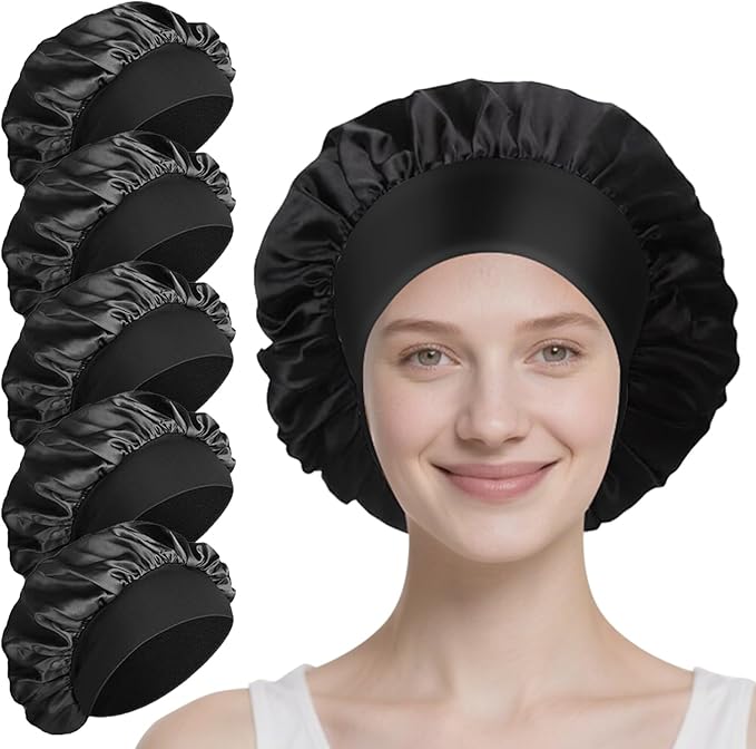 5 Pack Satin Bonnet for Women, 30cm Adjustable No-Slip Sleep Cap for Curly Hair, Breathable Head Wrap for Sleeping & Skincare