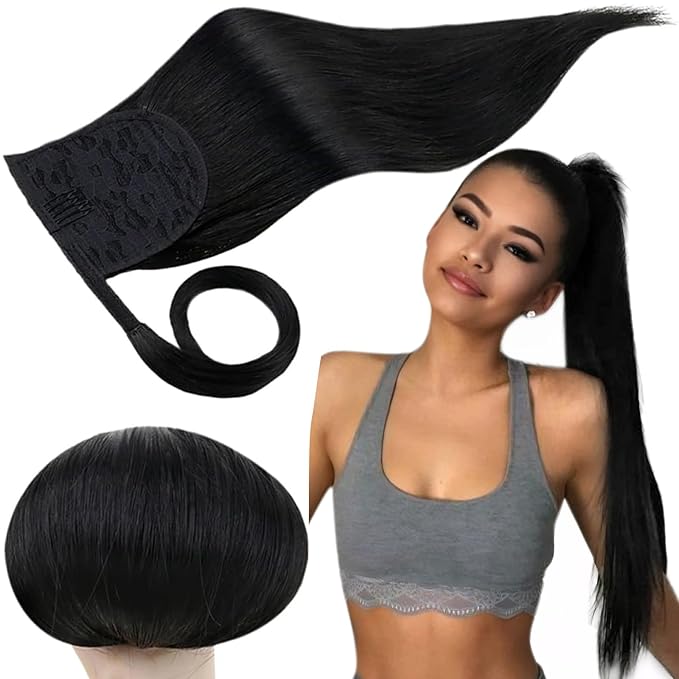 RUNATURE Ponytail Extension Human Hair for Black Women, Real Human Hair Ponytail with Magic Paste, Soft Straight Remy Hair, Daily Wearing, Easy to Apply, 12 Inch 70g #1 Jet Black