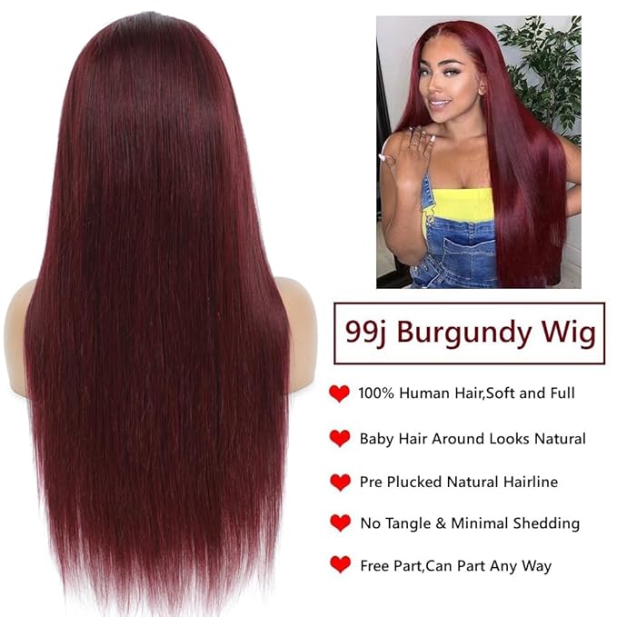99j Burgundy Lace Front Wigs Human Hair 13x6.5 HD Burgundy Colored Lace Front Wigs Human Hair 250% Density Glueless Straight Wigs Human Hair Pre Plucked with Baby Hair (24 inch, 99j)