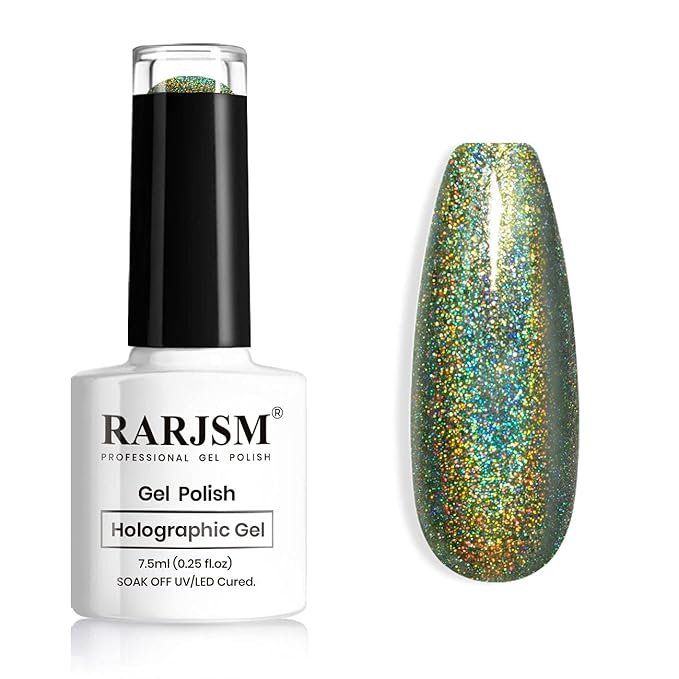 RARJSM Holographic Nail Polish Army Green Gel Nail Polish 7.5ML Gorgeous Glossy Hologram NailGel Curing Required Gel Polish Nail Art Manicure Salon DIY at Home