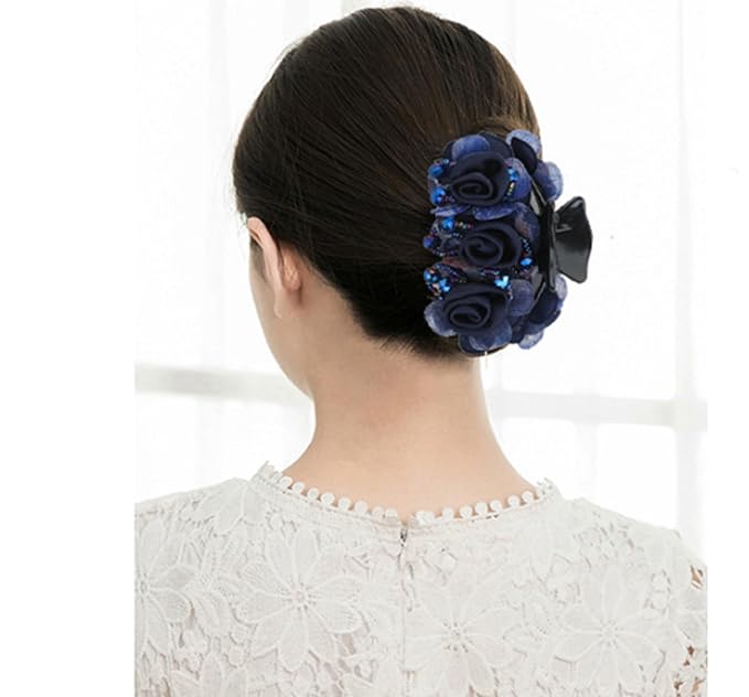 Elegant Rose Hair Clip, Navy Blue Floral Barrette with Rhinestones, Double Flower Design.hair accessories for women