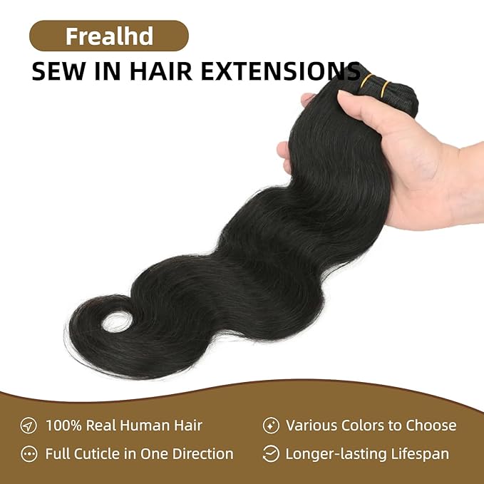 Sew in Hair Extensions Real Human Hair, 110g 20 inch 1B Natural Black Body Wave Bundles Remy Human Hair Weave Extensions Double Weft