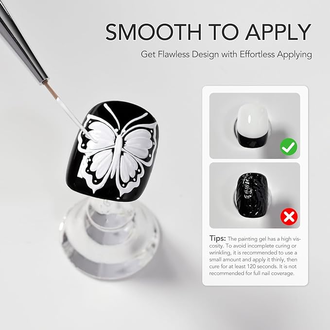 GAOY Black & White Painting Gel for Nail Art, No Wipe Creamy Gel Polish for Lines, Floral Designs, Patterns or French Nail Salon and Home DIY, UV Light Cure