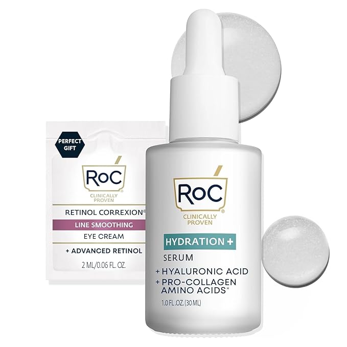 RoC Hydration+ Hyaluronic Acid Serum for Face, Hydrating, Plumping, Fragrance Free, Lightweight Formula with Collagen Proteins (1 Ounce) with Retinol Eye Cream Packette