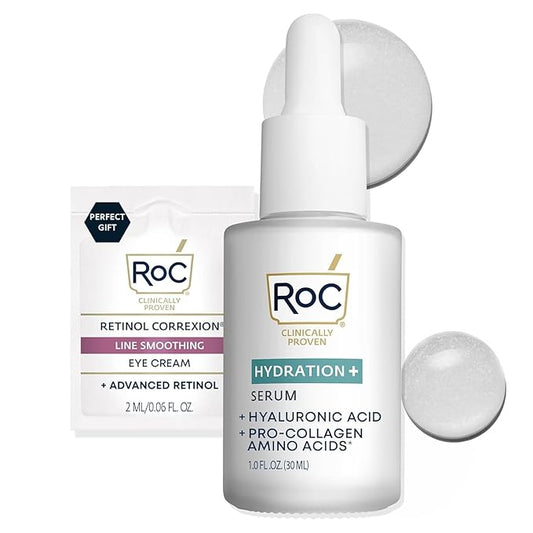 RoC Hydration+ Hyaluronic Acid Serum for Face, Hydrating, Plumping, Fragrance Free, Lightweight Formula with Collagen Proteins (1 Ounce) with Retinol Eye Cream Packette
