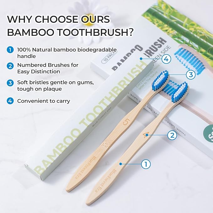 Bamboo Toothbrushes 10 Count, Soft Plant-Based Bristles, Natural Wooden Toothbrush for Adults, Biodegradable Travel Tooth Brushes