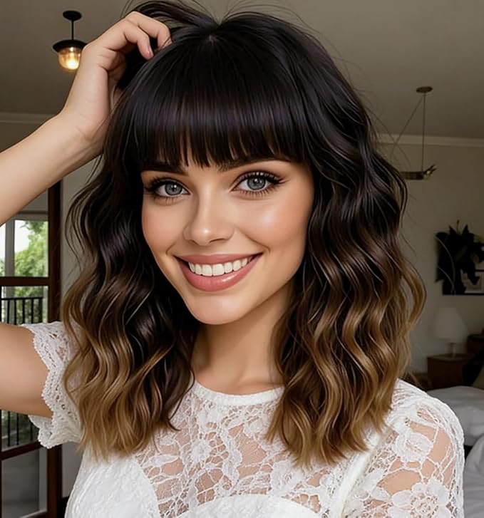 WAVE&BREEZE Short Brown Wigs with Bangs 14Inch Ombre Brown Curly Bob Wig for Women Shoulder Length Natural Looking Hair Replacement Wig for Daily Party Use Cosplay Costume Halloween Wig