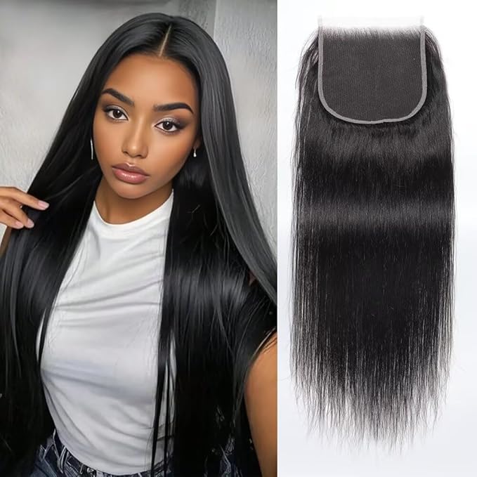 5x5 HD Lace Closure Brazilian Virgin Human Hair Straight Single Knot Invisible Pre-Plucked Ultra-Thin Lace Part Closure For Black Women 14 Inch Natural Black
