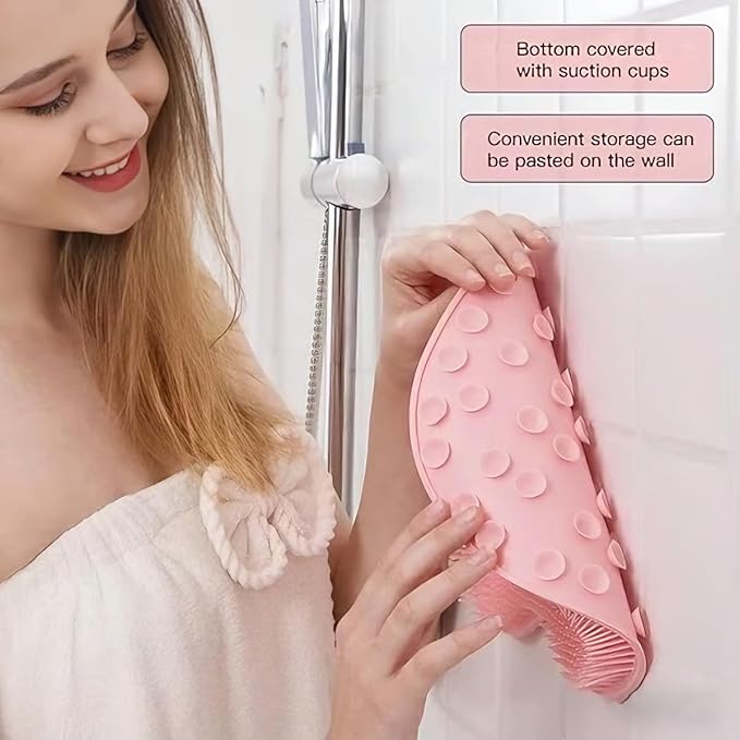 Shower Foot & Back Scrubber, Massage Pad with Suction Cups & Pumice Stone, Multi-Surface Silicone Bath Mat for Exfoliating and Massaging in Shower or Bathtub, 9.8x11.8 Inch (Pink)