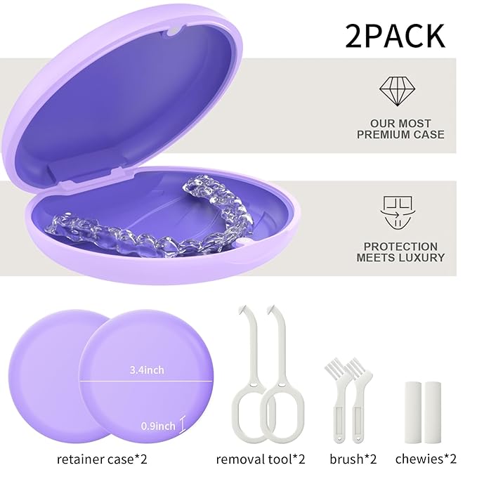 2 Pack Retainer Case, Compatible with Invisalign, Orthodontic Aligner Case with Removal Tool and Brush, Purple