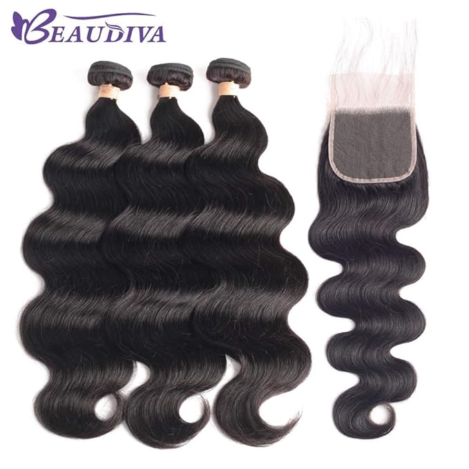 Real Human Hair Bundles Body Wave 14 16 18 Inch with 12 Inch Lace Closure, 3 Bundles Unprocessed Natural Black Remy Brazilian Virgin Cambodian Hair Wavy, 1b, No Tangle No Shedding