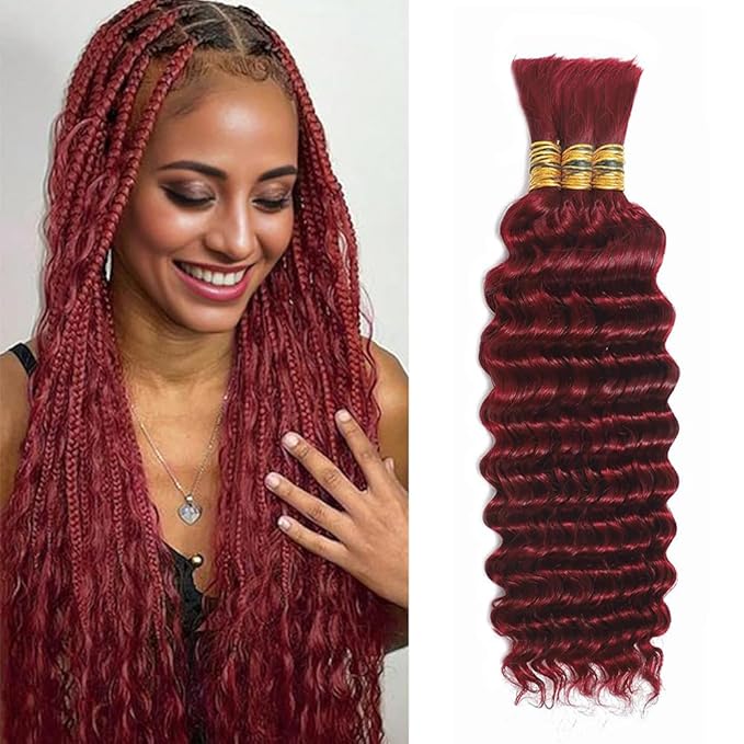 Red Boho Hair for Braiding Deep Wave Bulk Human Hair for Braiding 22 Inch No Weft 99j Deep Wave Bulk Bohemian 3 Bundles 150g