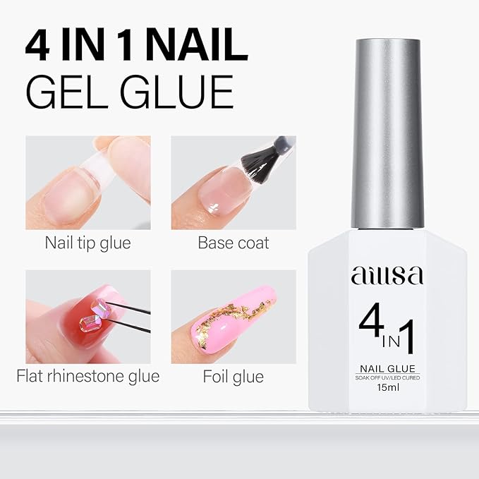 AILLSA Gel Nail Glue for Acrylic Nails, 4 in 1 Nails Gel Glue for Fake Nail Tips,15ML High Capacity Long Lasting Brush On Nail Glues for Rhinestone Pearl Foil, (U V Lamp Curing Needed)