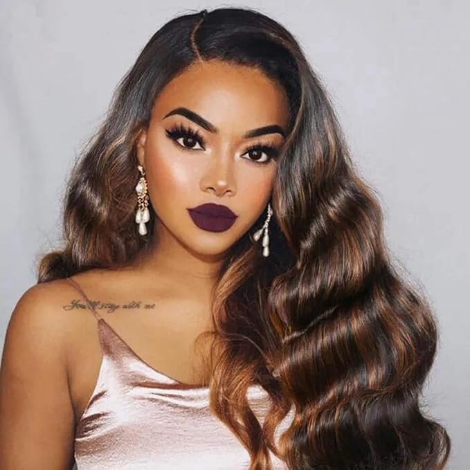 UNice Brown Highlight Body Wave Human Hair Weave 4 Bundles 22 24 26 28 inch, Brazilian Remy Hair Ombre Blonde Human Hair Wavy Weaves Sew in Piano Color TFB30