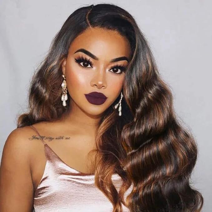 UNice Brown Highlight Body Wave Human Hair Weave 3 Bundles 12 14 16 inch, Brazilian Remy Hair Ombre Blonde Human Hair Wavy Weaves Sew in Piano Color TFB31