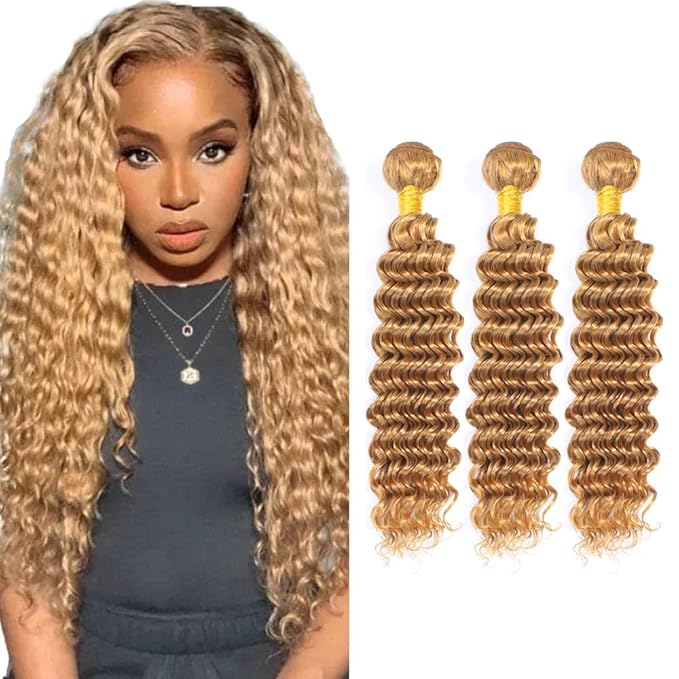 16 18 20 Inch Blonde Bundles Human Hair #27 Honey Blonde Deep Wave 3 Bundle Unprocessed Brazilian virgin hair Weave Extensions Double Weft 50 Grams/Bundle Colored Blonde Bundles for Woman