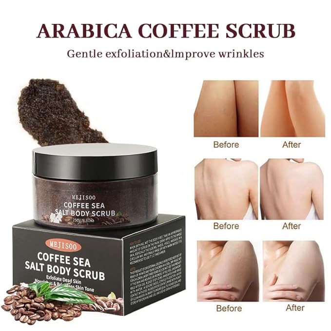 Coffee Sea Salt Body Scrub – Exfoliating & Moisturizing Scrub with Coconut Oil & Shea Butter – Anti-Cellulite Treatment for Smooth Skin – Organic, Vegan, 8.8 oz