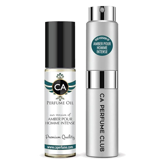 CA Perfume Duo Impression of Amber Pour Homme Intense For Men Perfume Layering Set Mens Cologne Long Lasting Travel Size EDP + Body Oil Roll-On Bottle 0.27 Fl Oz+0.33 Fl Oz