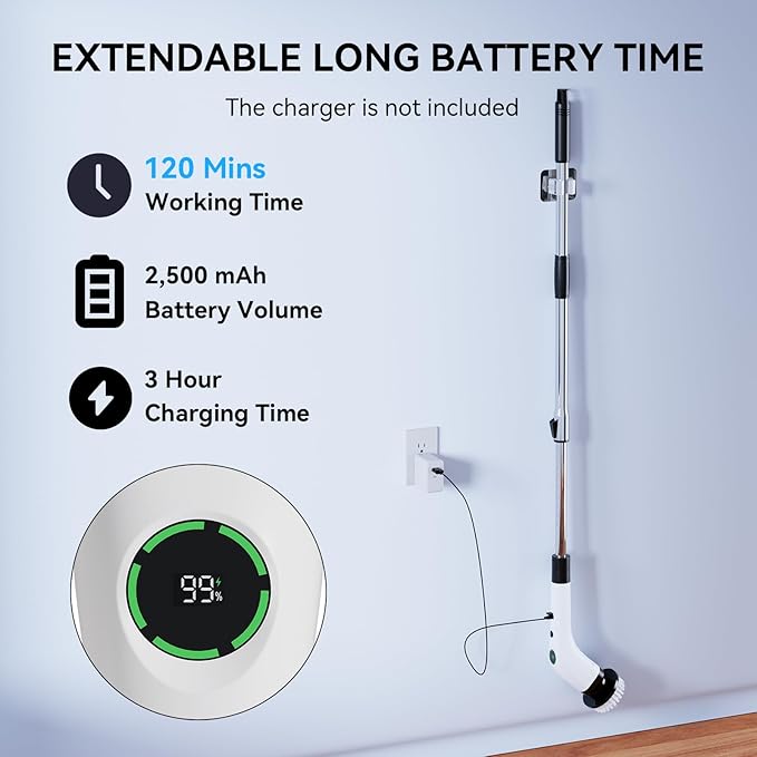 Electric Bathroom Cleaning Brush, Cordless Spin Scrubber Full Body Waterproof IPX7 (Extend Handle Included)